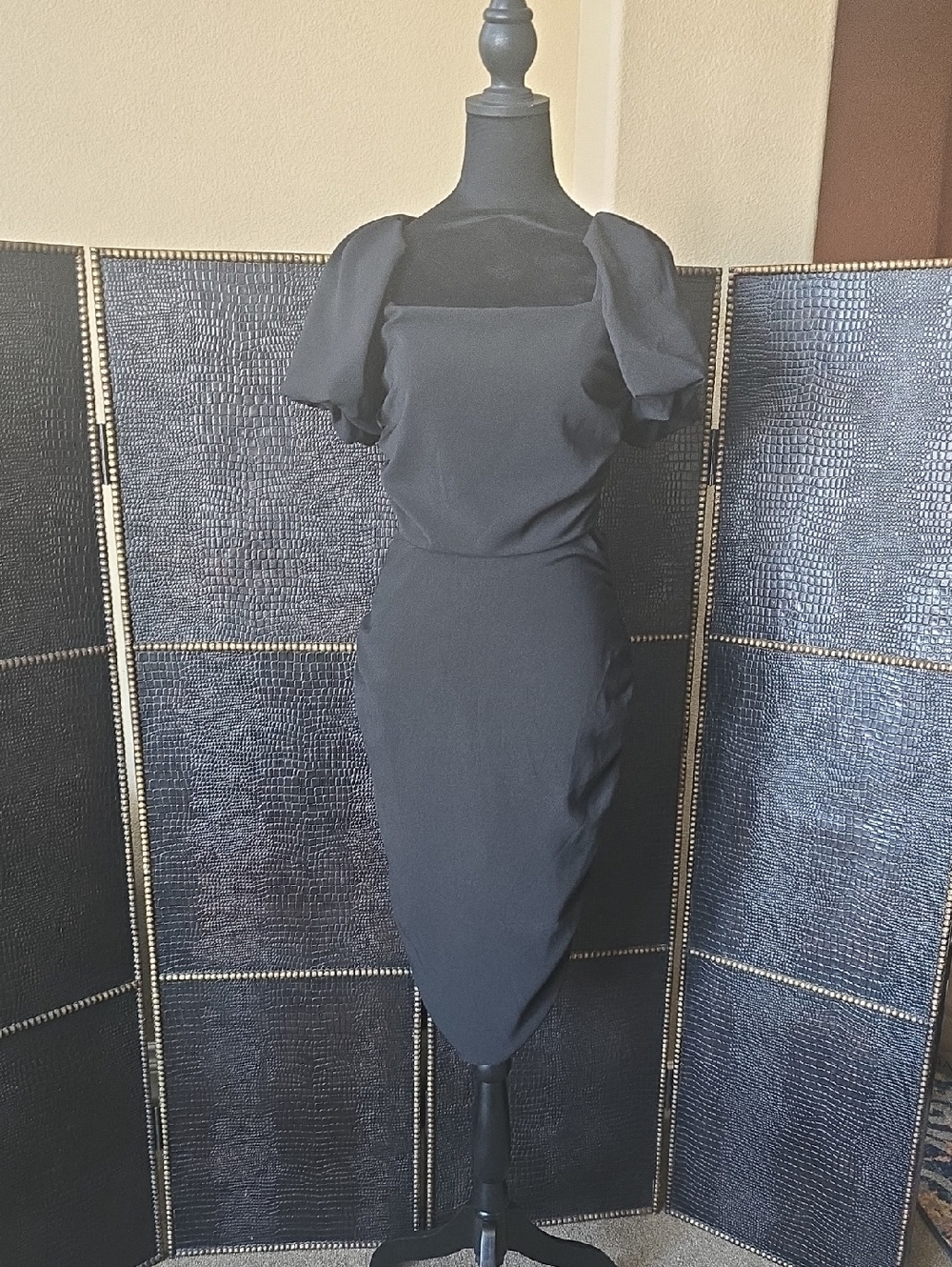 Black Square-Neck Midi Dress with Flutter Cap Sleeves